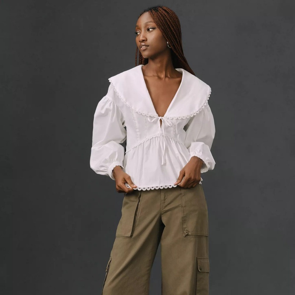 Reformation | Renna Cotton Collared Scallop Peplum Top in White | Size 0